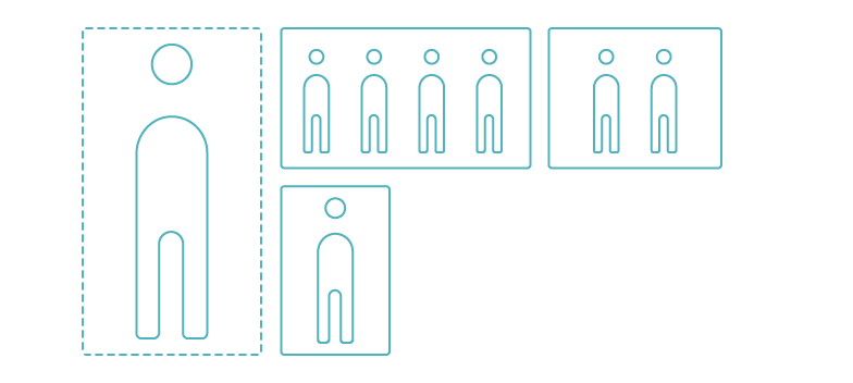 Audience Targeting. A turquoise line drawing of people figures. Some are in groups, some alone, in their own square frame.