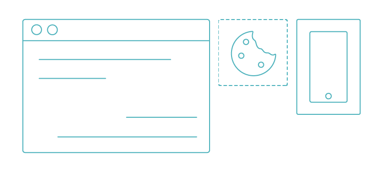 Cookie Targeting. A turquoise line drawing of a browser window, a cookie, a smartphone. Each element is in their own square frame.