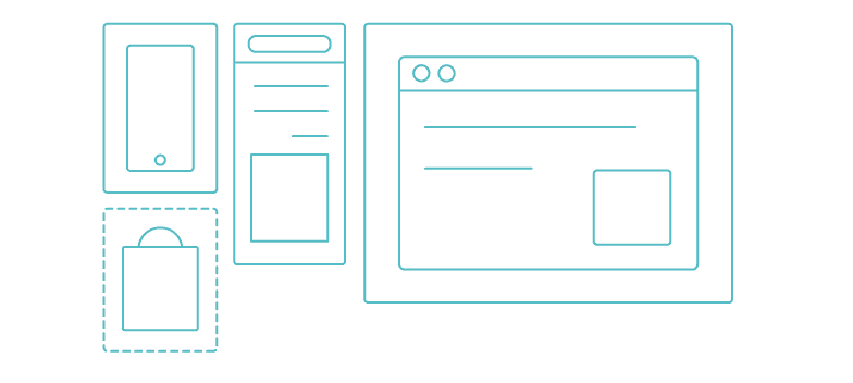 Contextual Targeting. A turquoise line drawing of a browser window, shopping bag, a smartphone. Each element is in their own square frame.
