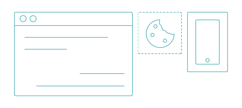 Cookie Targeting. A turquoise line drawing of a browser window, a cookie, a smartphone. Each element is in their own square frame.
